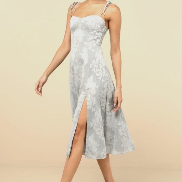 Lulus Dresses & Skirts - Lulus Loveliest Looks Dusty Blue Floral Jacquard Tie-strap Midi Dress - Size M